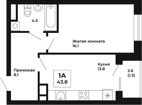Планировка 1-к.кв, 43,8 м² в ЖК Космос